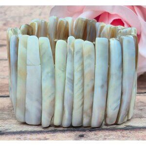Bohemian White & Brown Neutral Abalone Shell Wide Stretch Bracelet Beach Nature